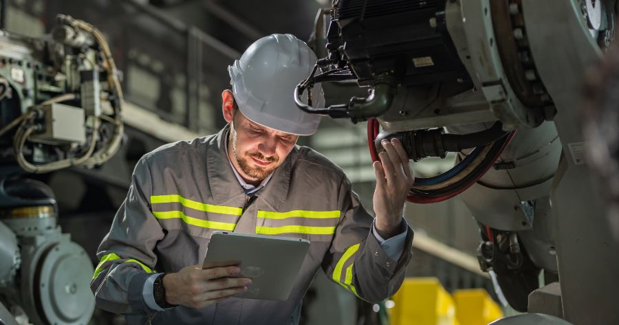 un empleado inspecciona una máquina por seguridad