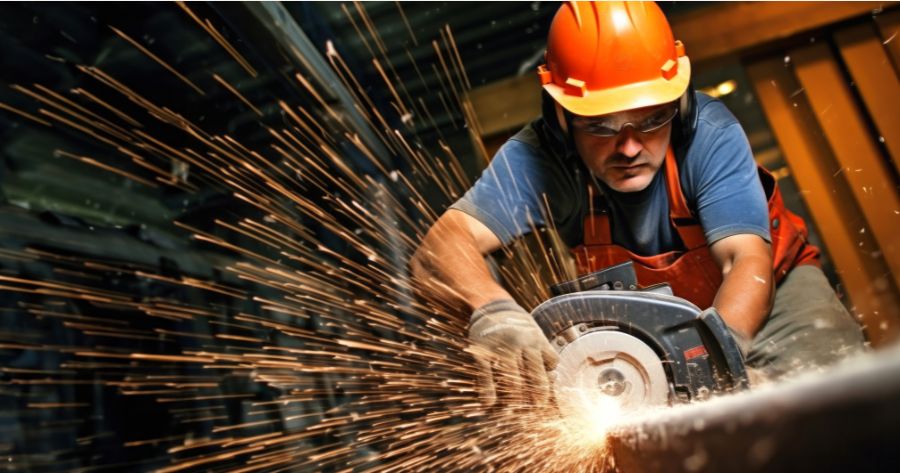 trabajador cortando textil equipado con guantes de malla