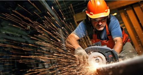 trabajador cortando textil equipado con guantes de malla